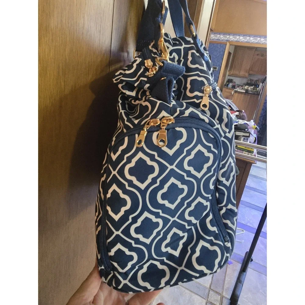 Sarah Wells Lizzie Navy White & Gree‎ Pump Tote Satchel